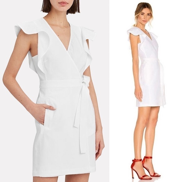 ALC Linen Blend Ruffled Flutter Short Sleeve Tie Waist V-Neck Mini Wrap Dress 10 - Picture 4 of 16